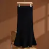 Saia Lápis de Tricô com Lantejoulas Estilo Coreano Simples 100% Lã Cintura Alta Elástica Slim Fit Midi Justa ao Corpo Espessa de Alta Qualidade