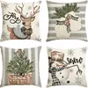 Funda de almohada popular de lino para Amazon, cuatro piezas, temática navideña, Papá Noel, alce, caramelo, árbol de Navidad