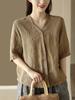 Top elegante retro de verano 2024 con cuello en V para mujer, holgado, casual, color sólido, combinable con todo, camisa de lino de manga corta, camisa pequeña