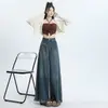 2026 Jeans de Pierna Ancha con Dobladillo Crudo Azul Claro para Mujer Nuevo Diseño Cintura Alta Holgados con Caída Pantalón Falda de Largo Hasta el Piso Dropshipping
