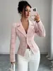 2026 Europeu e Americano transfronteiriço estilo pequeno perfume xadrez rosa lapela um botão acinturado slim fit retrô estilo socialite modelador top de trabalho