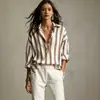 Camisa Feminina de Chiffon Plus Size Listrada Retro de Manga Longa, Novo Estilo Transfronteiriço Europeu e Americano, Solta, Estilo Férias, Camisa de Praia