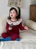 Roupas Infantis Estilo Coreano Outono 2025 Outono e Inverno Pijamas de Bebê Roupa de Casa para Meninas Conjunto Vermelho