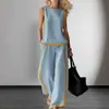 Conjunto de Moda Transfronterizo Europeo y Americano para Mujer con Bloques de Color, Top sin Mangas tipo Chaleco, Pantalones de Pierna Ancha, Conjunto Casual de Dos Piezas para Mujer