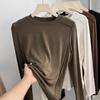 Playera de Manga Larga con Cuello Redondo de Color Puro Suave y Delicado para Mujer para Primavera y Otoño con Diseño de Puntada Superior Camiseta Básica Top para el Hombro Derecho