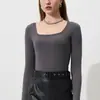 CANVAUS Otoño e Invierno Nueva Camisa Básica de Cuello Cuadrado para Mujer Manga Larga Ajustada Elástica de Canalé Camiseta Base Top