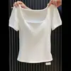 Elegante Camiseta de Manga Corta con Cuello Cuadrado para Mujer, Nueva de Verano 2025, Corte Ajustado, Adelgazante, Huesos de la Clavícula Expuestos, Cuello Bajo, Top Versátil