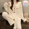 Pijamas de Primavera y Otoño para Mujer Tejido Crepé Manga Larga Cuello de Muñeca Cárdigan Almohadilla de Pecho Fija Casual Lindo Suelto Ropa para el Hogar