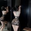 Camisola Feminina Su Xingjia Plus Size Transparente Bodycon, Decote em V Profundo Sexy, Gola Halter com Cadarço Vazado, Renda Estampada Lingerie
