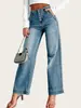 Jeans para Mujer Pierna Recta Elásticos Multibotones Azul Claro Europeo Lavado a la Arena Retro Clásico Primavera/Otoño 2026 T Transfronterizo