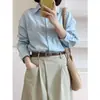Camisa Holgada de Algodón y Lino de Manga Larga, Cuello Solapa Azul Sal Marina Fresca