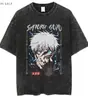 Tamanho Europeu Transfronteiriço Camiseta Masculina de Manga Curta Lavada Vintage Desenho Animado Anime Estilo Dark High Street Europeu e Americano Camiseta Curta Masculina