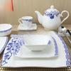 Vajilla de hotel, restaurante, caja de cerámica, vajilla de encimera, vajilla de porcelana azul y blanca, juego de platos, cuencos y cucharas.
