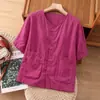 Camisa Lisa de Manga Curta Feminina 2026 Nova Verão Estilosa Gola Redonda Camisa de Algodão e Linho Feminina Solta Emagrecedora Top