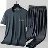 [Entrega Rápida] Traje Deportivo de Verano para Hombre, Transpirable, Casual, Absorbe la Humedad, de Manga Corta, Pantalón Largo, Conjunto de Dos Piezas de Seda de Hielo
