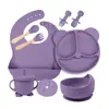 Conjunto de Louça para Bebê de 9 Peças Tigela de Comida para Bebê de Silicone Prato de Jantar Urso Babador Prato Dividido Conjunto de Talheres (Colher e Garfo)