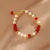 Novo Bracelete de Pérola de Água Verde Jade Estilo Chinês Formato Oval, Bracelete Quadrado de Ágata Vermelha do Ano de Nascimento para Mulheres