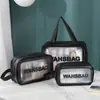 Bolsa de tres piezas transparente de PU para maquillaje y artículos de tocador, bolsa de baño de PVC de gran capacidad, bolsa de almacenamiento portátil semitransparente esmerilada para mujer