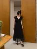 Vestido Renda Preta Floral Manga Bufante Estilo Francês para Mulheres, Verão, Muito Bonito, Emagrecimento, Petite, Vestido Chemise de Férias