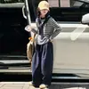 Conjunto de Top Listrado com Laço e Calça Wide Leg para Meninas, Novo Outono Estilo Coreano Casual Duas Peças para Crianças Maiores, Roupa Tendência de Outono