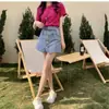 Shorts de mezclilla holgados de cintura alta para mujer, nuevo estilo de verano 2026, color claro retro talla grande de pierna ancha pantalones cortos ajustados