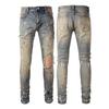 Marca de moda TR AMIRI lavado pesado con agujeros artesanales jeans ajustados de cuero de alta calidad para hombre