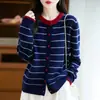 Chao Luce Bien Este Año Popular Estilo Preppy Rayas Contrastantes de un Solo Pecho Cuello Redondo Doble Hilo Grueso Suéter Cardigan de Lana Pura