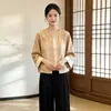 Conjunto de duas peças de seda com qualidade garantida, redutor de idade, estilo chinês novo, para primavera e outono, com casaco clássico de botões e calça de perna larga para mulheres de meia-idade