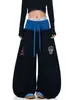 Pantalones de Chándal Retro Americano Doble Cintura Bordado de Letras Dobladillo Curvo Unisex Verano Nuevo Baile de Jazz Sueltos Pierna Ancha