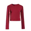 Ombligo Cuello Pequeño Hilo Agujero Raya Manga Larga Ajustado Corto Cintura Alta Color Sólido Camiseta Base Top Camiseta para Mujer