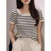 Verano Estilo Occidental Adelgazante Cuello Redondo Retro Francés Slim Camiseta Base Rayada Tejida Manga Corta Top Primavera y Verano A3579