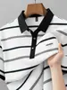 Camisa Polo de Manga Corta con Cuello Campana a Rayas para Hombre, Ropa Casual de Verano para Padres de Mediana Edad, Top Casual a Rayas Bloque de Color con Letras