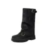 Botas de punta redonda hasta la mitad de la pantorrilla con hebilla de correa para pantalones, botas de invierno y otoño para mujer de talla grande, comercio exterior transfronterizo A03