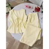 Conjunto Listrado de Cor Sólida de Verão Casual com Amarração Cruzada Colete Solto Calça Longa Lisa com Amarração Conjunto Doce Casual