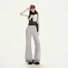 Pantalones casuales para mujer con pierna acampanada, cintura pequeña en V, estilo americano, hasta el suelo, plisados, pantalones largos grises de alta gama, pantalones cargo extralargos