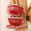 Cuenco Ceremonial de Cumpleaños Pacífico y Alegre, Cuenco Rojo de Cerámica, Palillos y Cuchara Juego de Tres Piezas para el Primer Cumpleaños del Bebé, Cuenco para Fideos Bendición de Alimentos