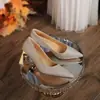 B70 En Stock Color Champaña Punta Fina Tacones Altos Brillo Fino Zapatos de Salón Mujer Principal Vestido de Novia Zapatos de Boda Mujer Tacón Grueso Pies No Cansados Dama de Honor