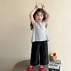 Conjunto de Verano para Niñas Camiseta sin Mangas de Retazos Rayados Pantalones Rectos para Niños Mayores Ropa de Verano Estilo Coreano Camiseta de Moda