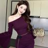 Atuendo Atmosférico Estilo Coreano al por Mayor Transfronterizo con Temperamento de Nicho, Vestido Bodycon Ajustado con Hombros Descubiertos y Mangas de Campana para Mujer