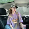 Camiseta solta de algodão puro estilo Hong Kong, cartoon retrô, grafite, para mulheres, top moderno de comprimento médio, tie-dye com blocos de cor exclusivos