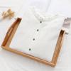 Camisa de punto de algodón de doble capa con cuello de orejas de madera artístico para mujer, top de verano de manga corta, suave, agradable para la piel, transpirable
