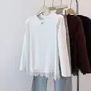 Tamanho Plus Tencel Algodão Renda Guarnição Patchwork Gola Redonda Solto Manga Longa Camada Base Outono Estilo Branco Casual Camiseta Top