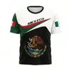 Padrão da Bandeira e Brasão do México Impressão Digital 3D Transfronteiriça Nova Camiseta Masculina de Gola Redonda e Manga Curta Venda Direta da Fábrica