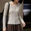 Elegante Cárdigan de Punto Acanalado con Cuello Redondo para Mujeres Petites, Novedad Otoño Temprano 2026 Manga Larga Elegante Delgado