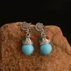 Nuevos Pendientes de Botón de Aleación Estilo Chino Plata de Tíbet Turquesa Moda Versátil Nicho Pendientes de Gama Alta Diseño Elegante Pendientes para Mujer