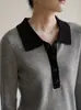 Ss Studio Jersey de Punto de Lana Gris Contrastante para Mujer Otoño e Invierno Manga Larga Camisa Base Top