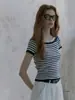 Camiseta de punto retro estilo francés con rayas blancas y negras, sin hombros, para mujer, top corto de verano ajustado con clavícula expuesta y mangas cortas