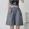 Shorts de Ferramenta de Seda de Gelo Americana Transfronteiriços Femininos Finos Pretos Casuais Largos de Comprimento Médio Calças de Perna Reta Perna Larga Calças Esportivas