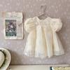 Vestido de princesa de renda e tule de manga curta de verão para meninas, vestido de gaze estilo coreano para recém-nascidos, vestido de 100 dias