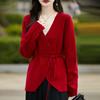 Cárdigan de Lana Pura con Cordones y Cuello en V de Diseño para Mujer Moda Otoño Invierno 2024 Top Chaqueta Tejida Holgada Combinable